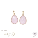 Boucles d\'oreilles gouttes en quartz rose, pierres semi-précieuses et plaqué or, pendantes, création by Alicia