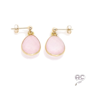 Boucles d'oreilles gouttes en quartz rose, pierres semi-précieuses et plaqué or, pendantes, création by Alicia 