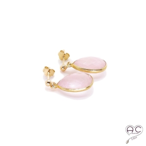 Boucles d'oreilles gouttes en quartz rose, pierres semi-précieuses et plaqué or, pendantes, création by Alicia 
