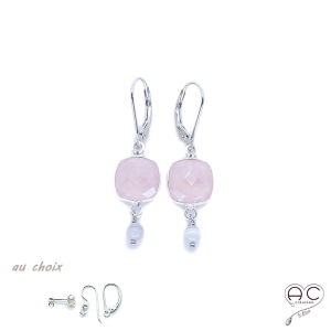 Boucles d'oreilles avec quartz rose et oeil de chat gris, pierres semi-précieuses et argent 925, pendante, création by Alicia