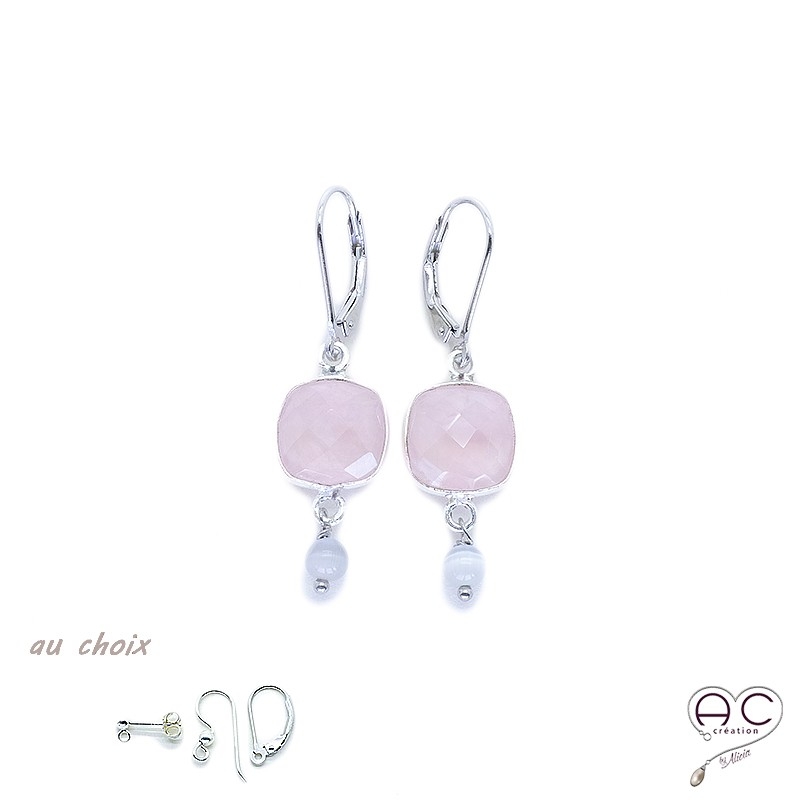 Boucles d'oreilles avec quartz rose et oeil de chat gris, pierres semi-précieuses et argent 925, pendante, création by Alicia