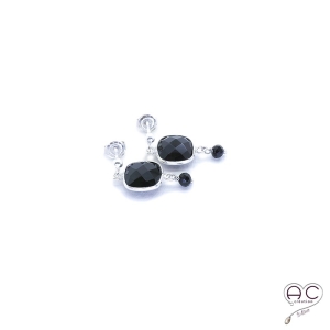 Boucles d'oreilles onyx  et spinelle noir, pierres semi-précieuses et argent 925, pendantes, création by Alicia