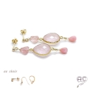 Boucles d\'oreilles quartz rose, opale rose, strawberry quartz, plaque or et pierres naturelles, pendantes, création by Alicia
