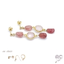 Boucles d\'oreilles quartz rose, strawberry quartz, plaque or et pierres naturelles, pendantes, création by Alicia