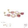 Boucles d'oreilles quartz rose, strawberry quartz, plaque or et pierres naturelles, pendantes, création by Alicia
