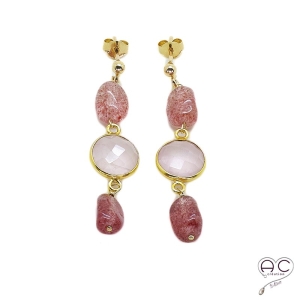 Boucles d'oreilles quartz rose, strawberry quartz, plaque or et pierres naturelles, pendantes, création by Alicia