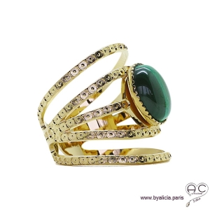 Bague avec malachite ovale en cabochon, multiples anneaux diamanté en plaqué or, large, ouverte, pierre naturelle, femme