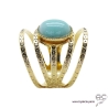 Bague avec amazonite ovale en cabochon, multiples anneaux diamanté en plaqué or, large, ouverte, pierre naturelle, femme