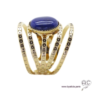 Bague avec lapis lazuli ovale en cabochon, multiples anneaux diamanté en plaqué or, large, ouverte, pierre naturelle, femme