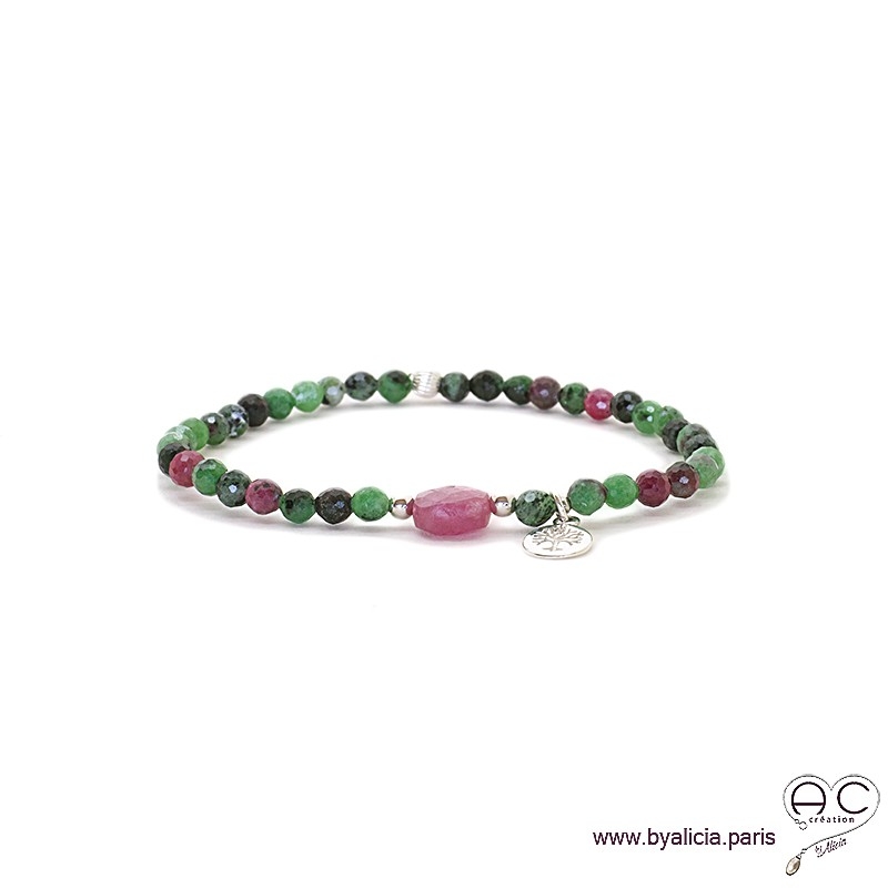 Bracelet rubis zoîsite et rubis rouge, pierre naturelle, pampille arbre de vie en argent, élastique, création by Alicia 