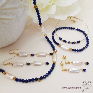 Collier perle baroque et lapis-lazuli, pierre naturelle blue, plaqué or, ras de cou ou longue, création by Alicia 