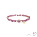Bracelet tourmaline rose et rubis, pierre naturelle, pampille arbre de vie en plaqué or, élastique, création by Alicia