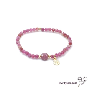 Bracelet tourmaline et rubis, pierre naturelle rose, pampille arbre de vie en plaqué or, élastique, création by Alicia