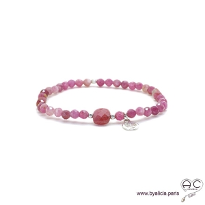 Bracelet tourmaline rose et rubis, pierre naturelle, pampille arbre de vie en argent massif, élastique, création by Alicia