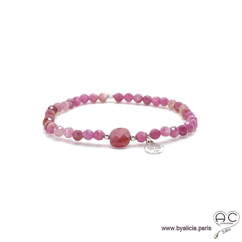 Bracelet tourmaline et rubis, pierre naturelle rose, pampille arbre de vie en argent 925, élastique, création by Alicia