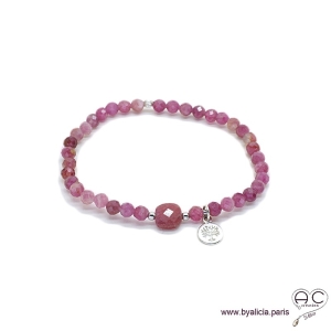 Bracelet tourmaline et rubis, pierre naturelle rose, pampille arbre de vie en argent 925, élastique, création by Alicia