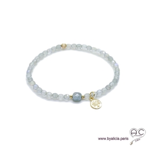 Bracelet labradorite, pampille arbre de vie en plaqué or, pierre naturelle gris irisé, élastique, création by Alicia