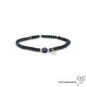Bracelet spinelle noire et agate noire, pampille arbre de vie en argent, pierres naturelles sur élastique, création by Alicia