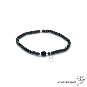 Bracelet spinelle et onyx, pierres naturelles noires, pampille arbre de vie en argent 925, élastique, création by Alicia
