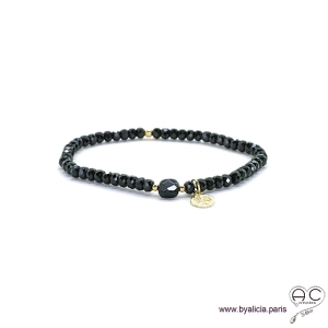 Bracelet spinelle noire et agate noire, pampille arbre de vie en plaqué or, pierres naturelles sur élastique, création by Alicia