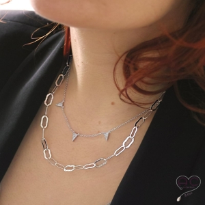 Collier avec pampilles triangles sertis de zirconium brillant, argent 925 rhodié, ras de cou, femme 