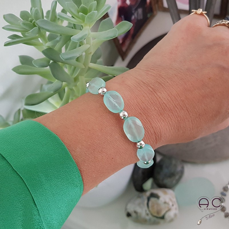 Bracelet calcédoine agua, pierre naturelle vert claire et argent 925 rhodié, gipsy, bohème, création by Alicia