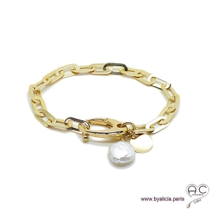 Bracelet BERYL chaîne gros maillons rectangulaires et gros fermoire  en plaqué or, tendance, création by Alicia