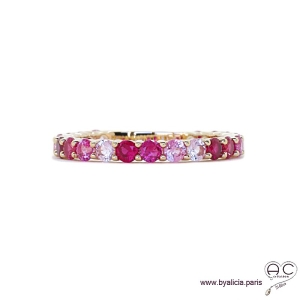 Bague alliance, anneau fin sertie de zirconium rose en plaqué or, empilable, femme