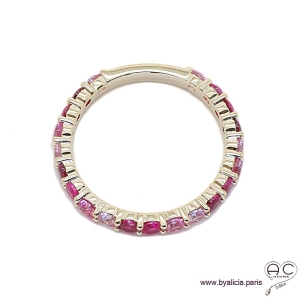 Bague alliance, anneau fin sertie de zirconium rose en plaqué or, empilable, femme