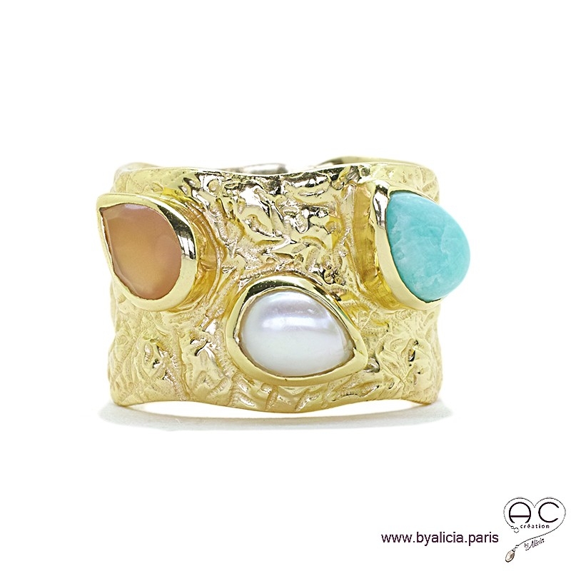 Bague avec amazonite, perle et pierre du soleil, pierres fines serties sur anneau large martelé en plaqué or, femme
