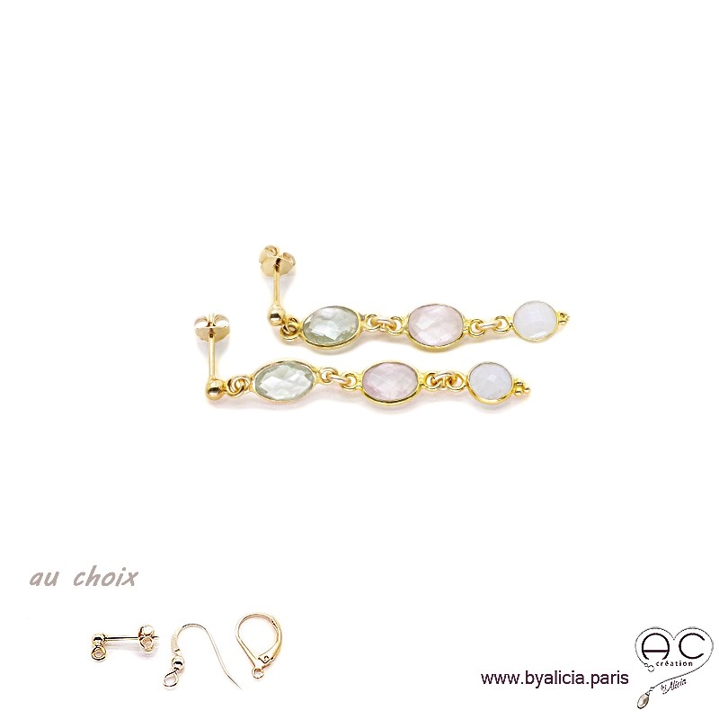 Boucles d'oreilles quartz rose, pierre de lune, prasiolite, cascade de pierres fines, plaqué or, création by Alicia
