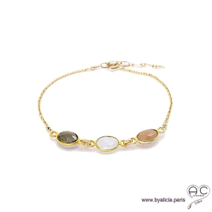 Bracelet quartz fumé, pierre de lune, pierre du soleil, pierres fines sur chaîne plaqué or, ras de cou, création by Alicia