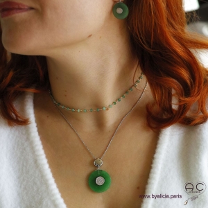 Collier pendentif rond en jade et argent massif 925 sertis de zircon, inspiration Art Déco, joaillerie, femme
