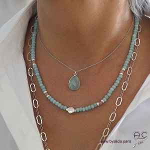 Collier pendentif calcédoine aqua goutte, argent 925, pierre semi-précieuse, ras de cou, création by Alicia