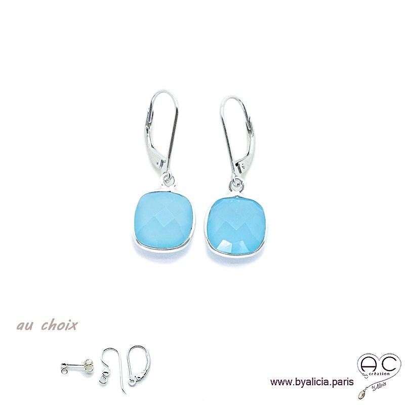 Boucles d'oreilles en calcédoine bleu, pierre fine et argent massif 925, pendantes, création by Alicia