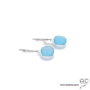 Boucles d'oreilles en calcédoine bleu, pierre fine et argent massif 925, pendantes, création by Alicia