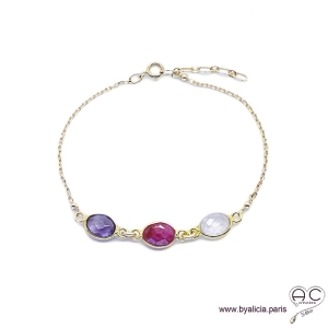 Bracelet améthyste, sillimanite rubis, quartz rose, pierres fines sur chaîne plaqué or, création by Alicia