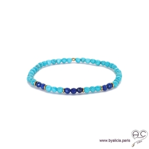 Bracelet turquoise reconstituée et lapis lazuli, plaqué or, bohème, création by Alicia