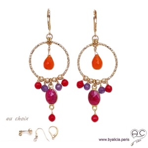 Créoles anneaux diamantées avec pampilles en cornaline, sillimanite rubis, plaqué or, pierres fines, création by Alicia