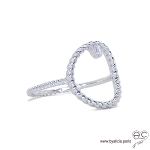 Bague cercle torsadée en argent 925 rhodié avec zirconium brillent, femme, tendance