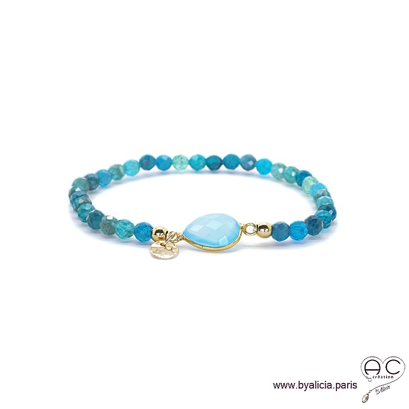 Bracelet calcédoine bleu et apatite, pierres fines, pampille plaqué or, femme, gipsy, bohème, création by Alicia 