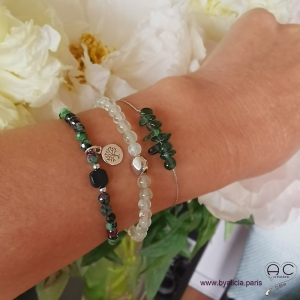 Bracelet pierre semi-précieuse verte claire, préhnite, argent 925, femme, gipsy, bohème, création by Alicia 