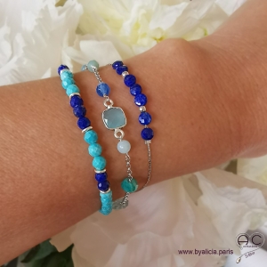 Bracelet en turquoise reconstituée et lapis lazuli, argent 925, bohème, création by Alicia