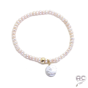 Bracelet perles de culture d'eau douce rose avec pampille en perle plate ronde, plaqué or, création by Alicia