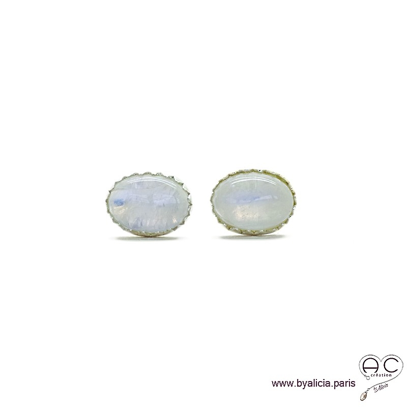 Boucles d'oreilles pierre de lune, puces, clous, pierre naturelle et argent massif 925, petites, femme