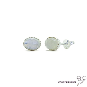 Boucles d'oreilles pierre de lune, puces, clous, pierre naturelle et argent massif 925, petites, femme