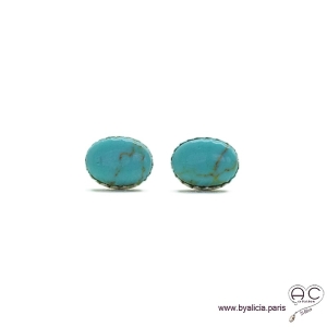 Boucles d'oreilles turquoise, puces, clous, pierre naturelle et argent massif 925, petites, femme