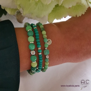 Bracelet agate verte et argent 925 rhodié, pierre naturelle, femme, gipsy, bohème, création by Alicia  