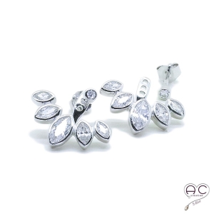 Boucles d'oreilles contours dessous lobes serties de zirconium brillant en argent 925 rhodié, femme