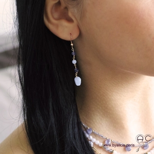 Boucles d'oreilles calcédoine bleue et saphir d'eau, cascade de pierres fines, plaqué or, longues, pendantes, création by Alicia